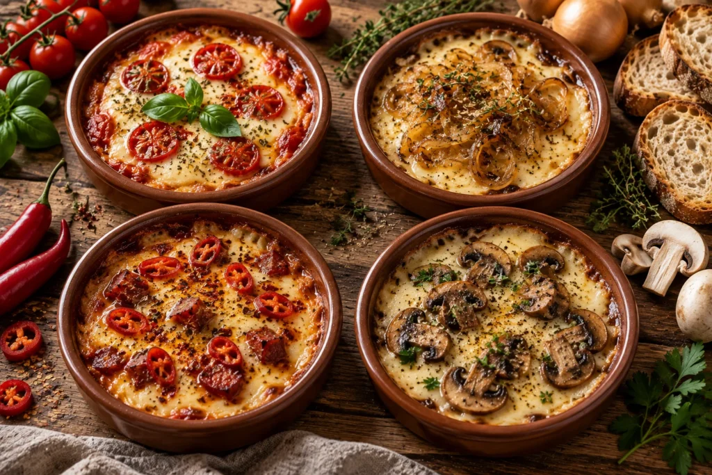 Variaciones de provolone en freidora de aire con tomate, cebolla, guindilla y setas