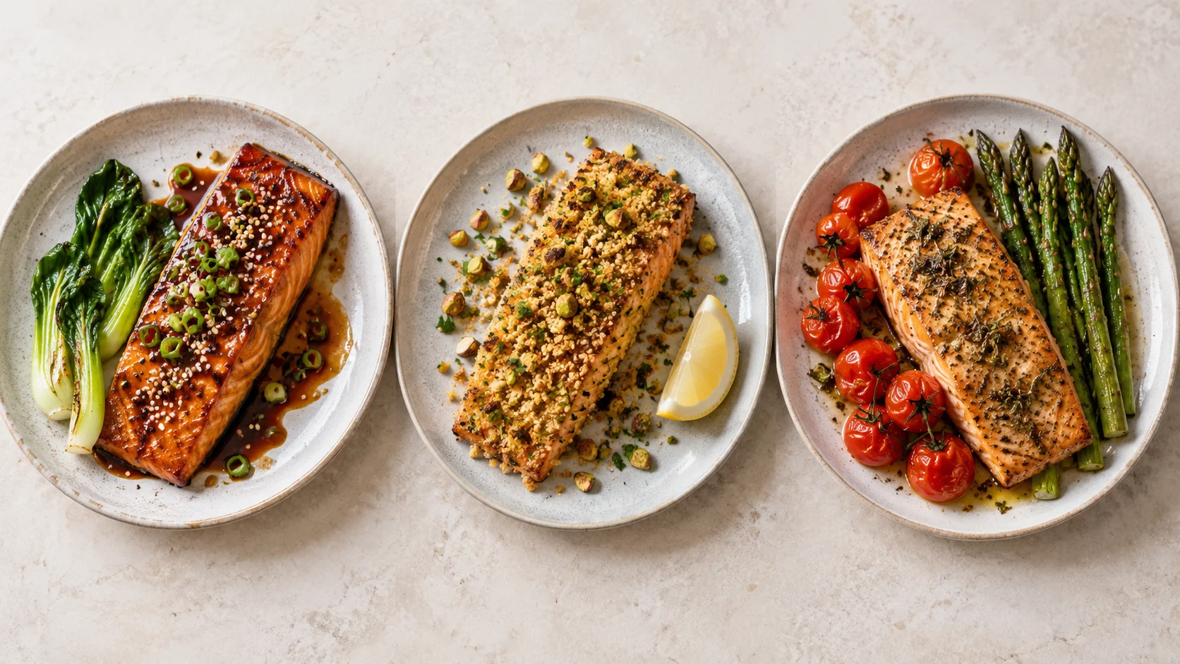 Tres variaciones de salmón en airfryer con teriyaki, costra crujiente y verduras