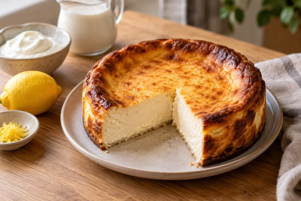 Tarta de queso con yogur griego, nata y limón