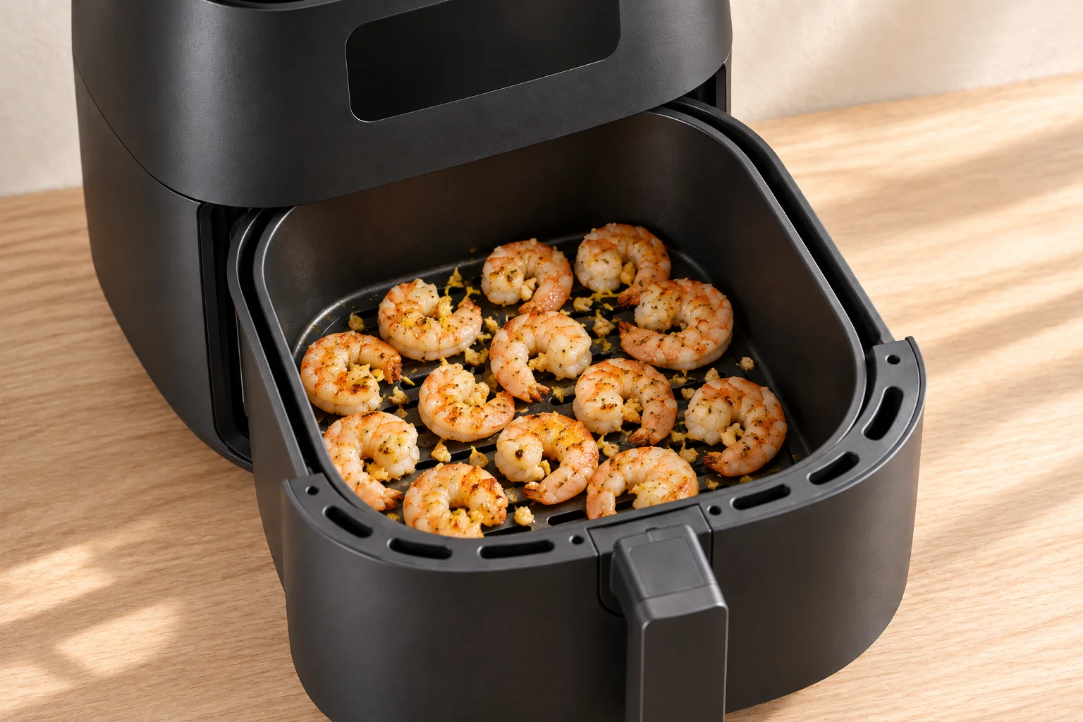 Gambas recién cocinadas en la cesta abierta, con carne opaca y ligero tostado.