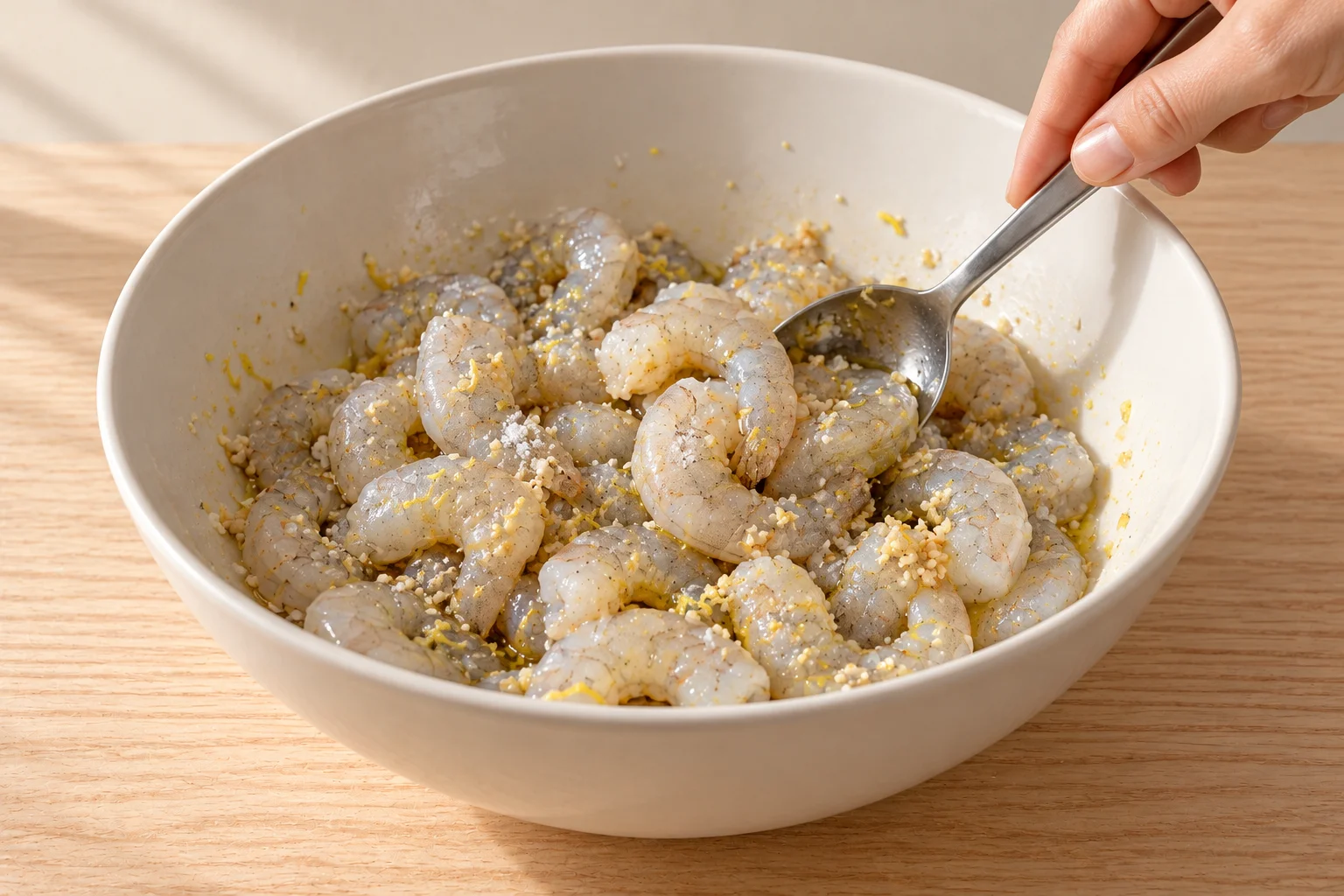 Gambas peladas mezclándose con aceite, ajo granulado y ralladura de limón.