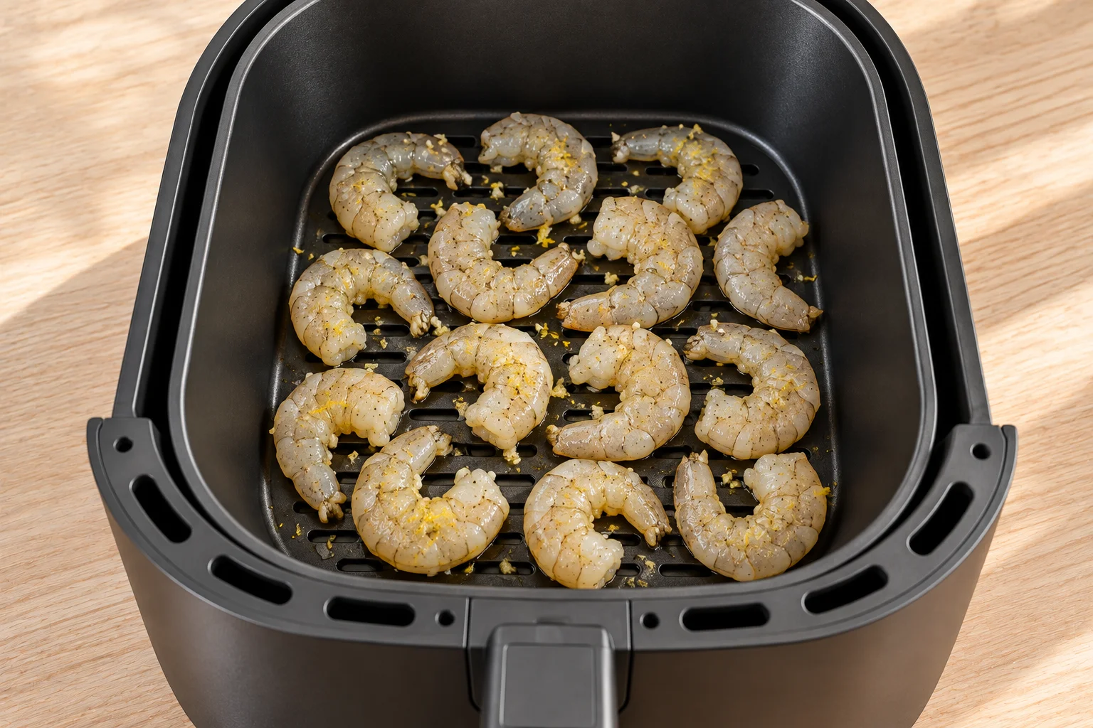 Gambas peladas en la cesta de la freidora de aire, separadas en una sola capa.