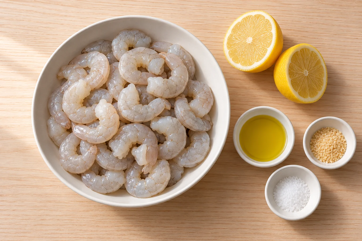 Gambas crudas peladas junto a limón, aceite de oliva, ajo granulado y sal.