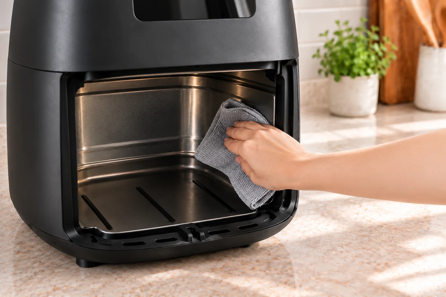 Limpieza del interior de una airfryer con paño de microfibra