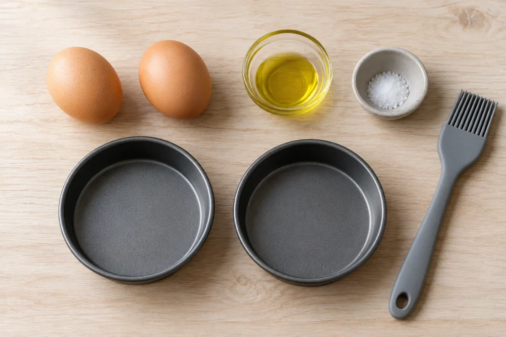 Dos huevos, aceite de oliva y sal junto a dos recipientes metálicos bajos