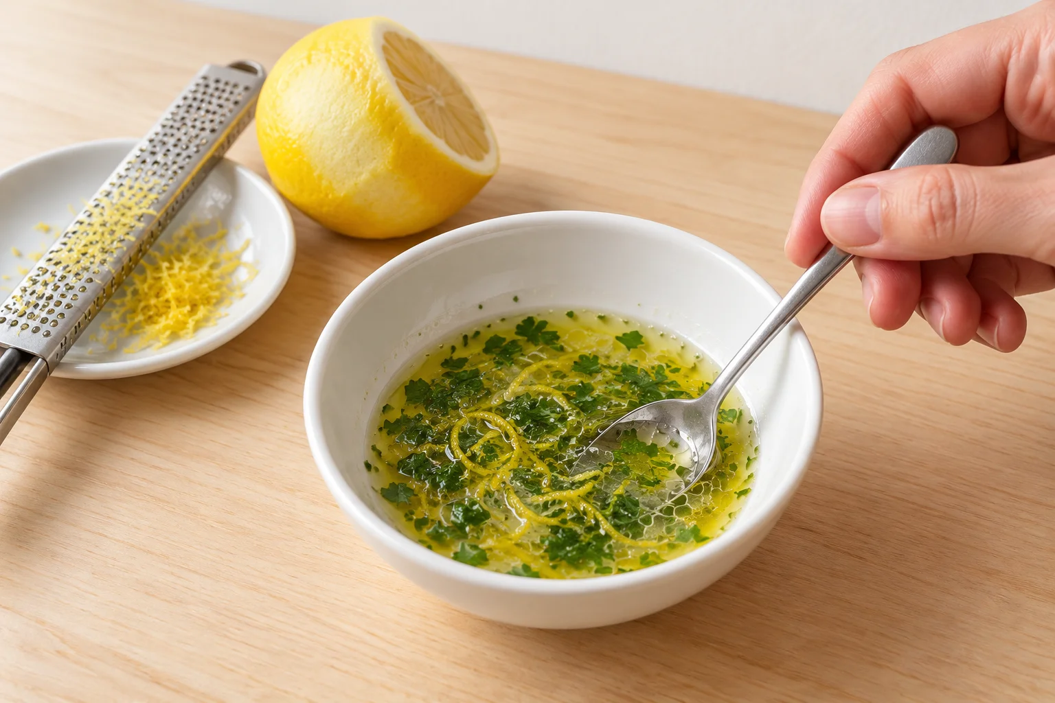 Preparación del aliño de aceite de oliva, perejil y limón para los langostinos.