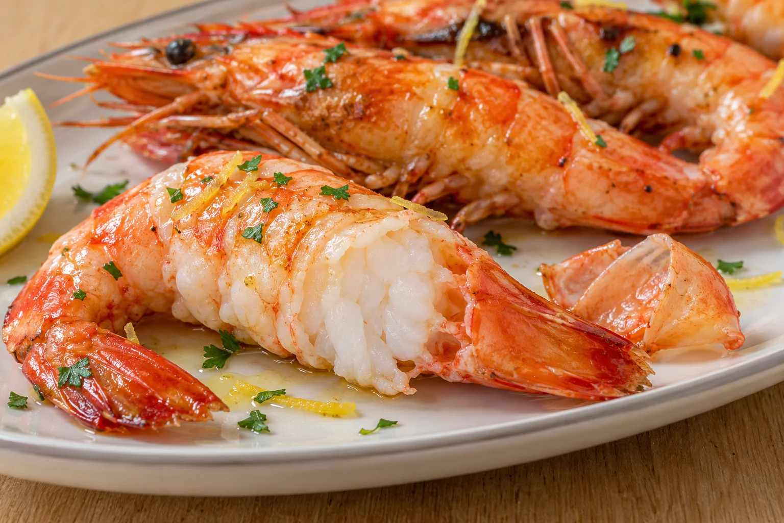 Interior de un langostino cocinado, con carne opaca y jugosa y un acabado de perejil y limón.