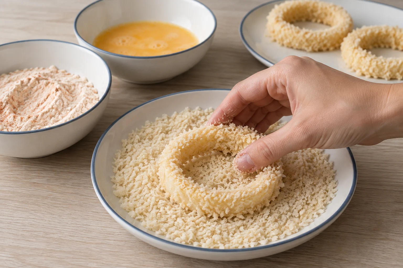 Una mano presiona un aro de cebolla casero sobre el panko para fijar el empanado.