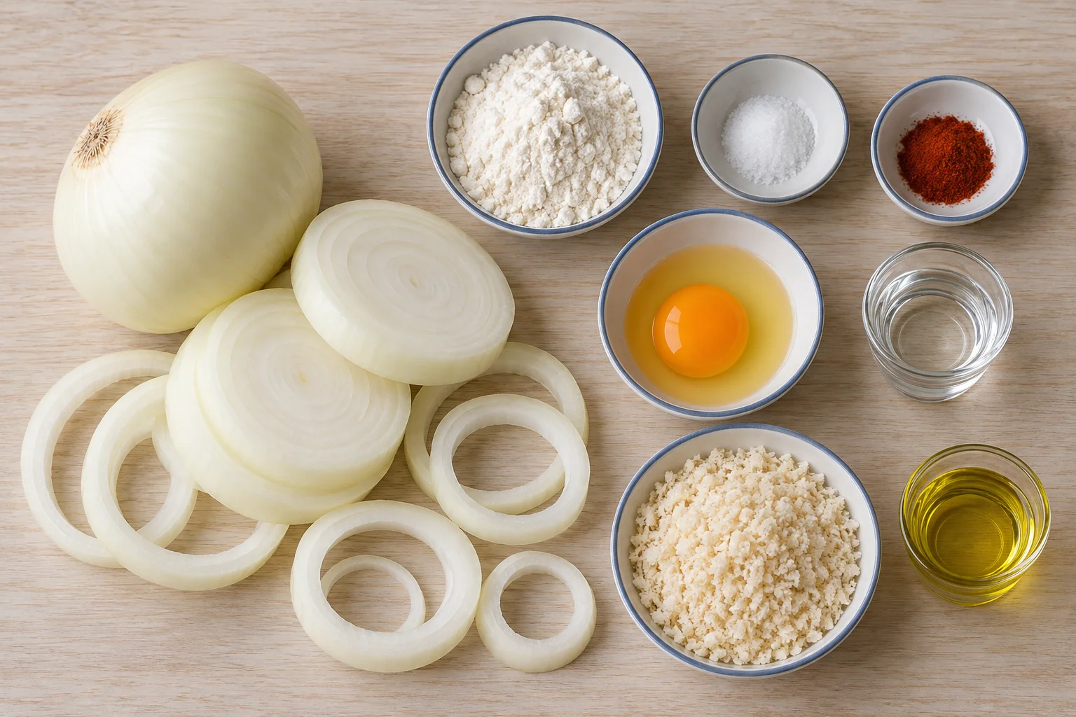 Cebolla dulce cortada en aros junto a harina, huevo, panko, pimentón, sal, agua y aceite.