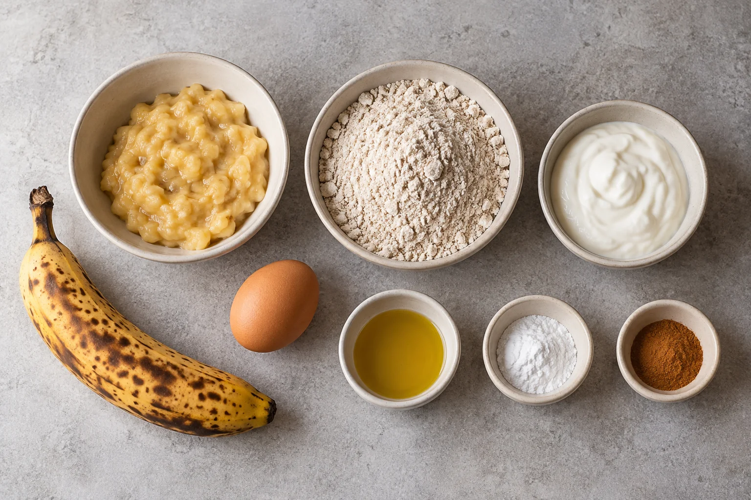 Plátano, harina de avena, huevo y yogur preparados para hacer muffins.