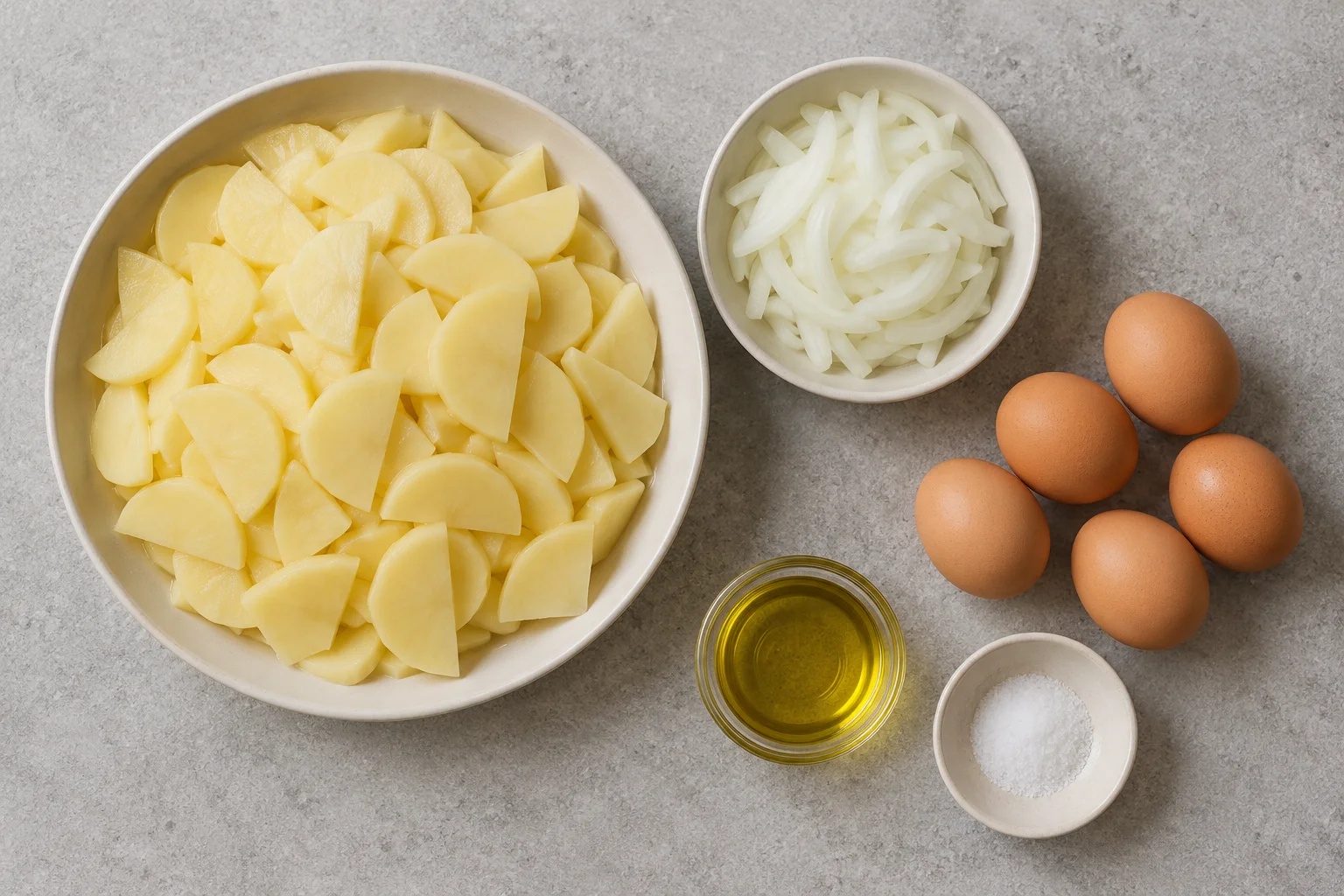 Patatas frescas laminadas, cebolla cortada, cinco huevos, aceite de oliva y sal.