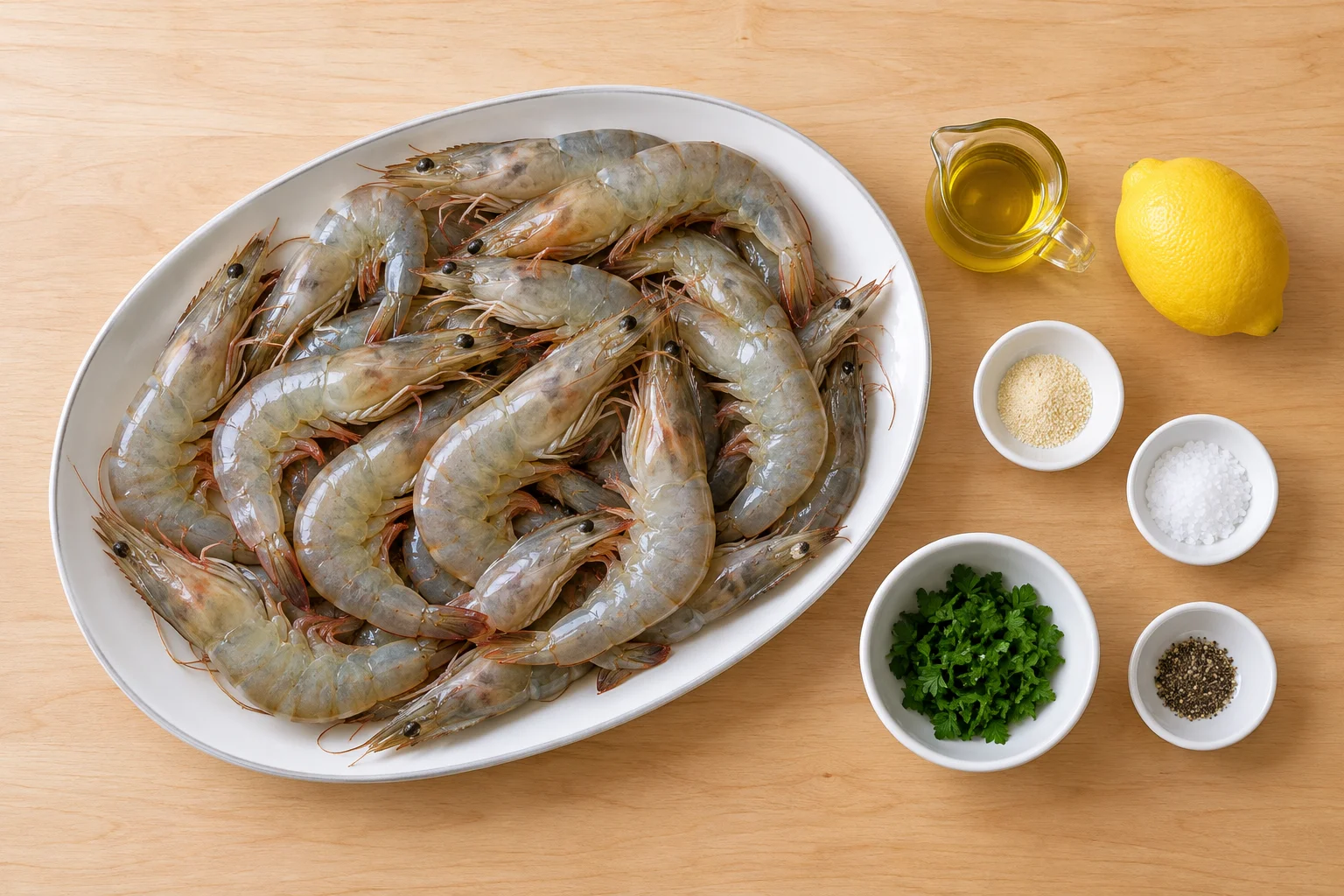 Langostinos crudos con cáscara junto al aceite, ajo en polvo, perejil, limón, sal y pimienta.