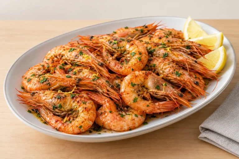 Langostinos en freidora de aire con ajo y perejil, servidos con gajos de limón.