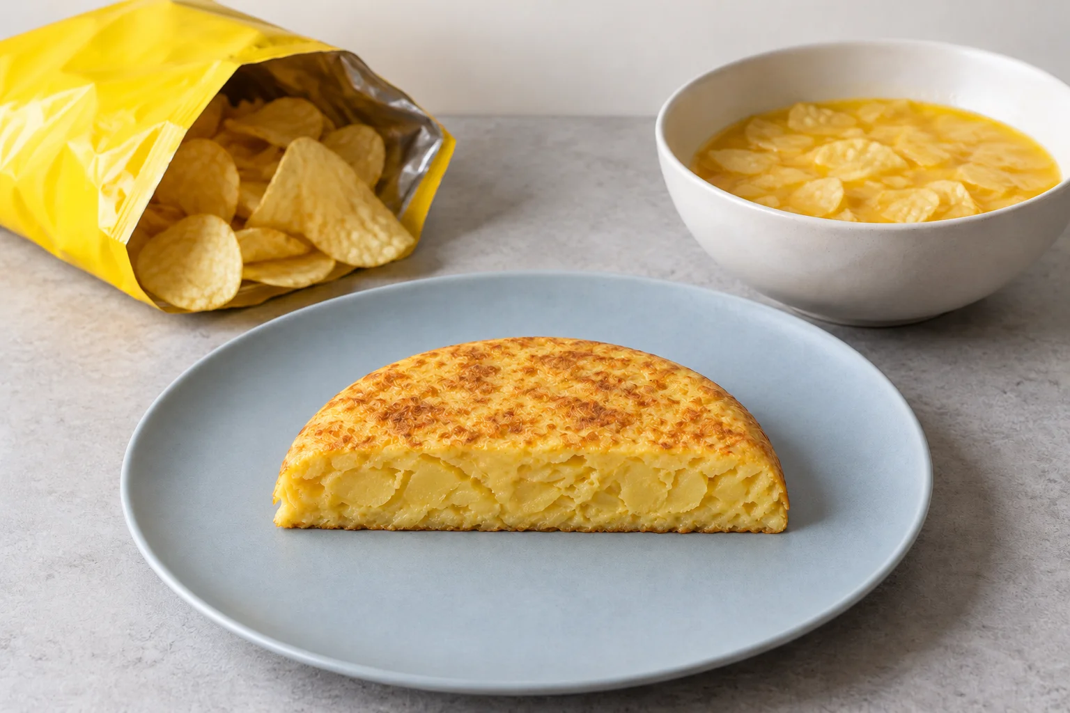 Media tortilla de patatas con patatas de bolsa, una bolsa de chips sin marca y un bol con huevo y chips.