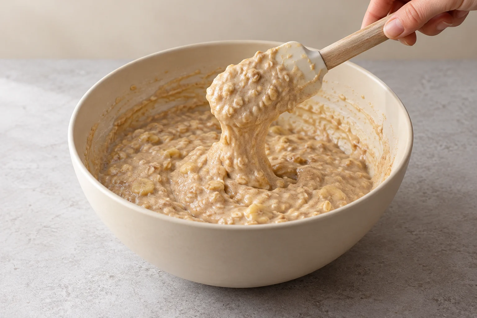 Masa de magdalenas de avena y plátano mezclándose en un bol.