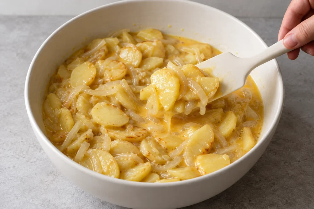 Patatas tiernas y cebolla mezclándose con huevo batido antes de cuajar la tortilla.
