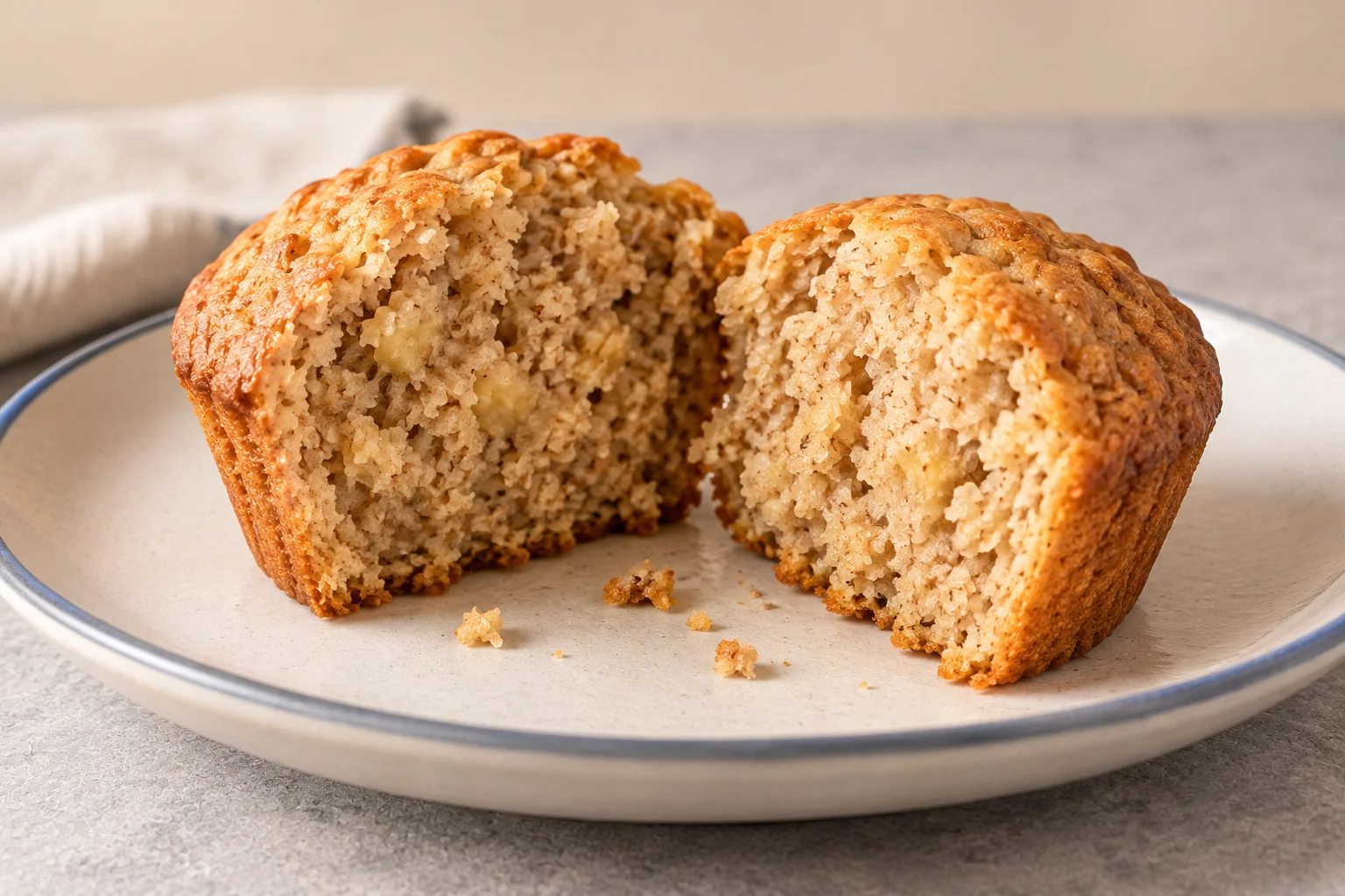 Muffin de avena y plátano partido, con la miga tierna a la vista.