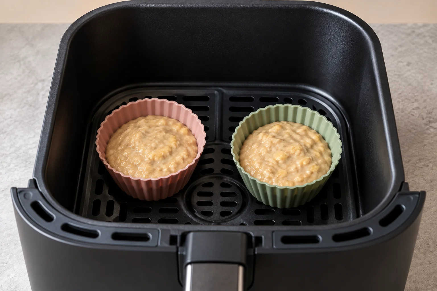 Dos moldes con masa de avena y plátano separados en la cesta de la freidora.