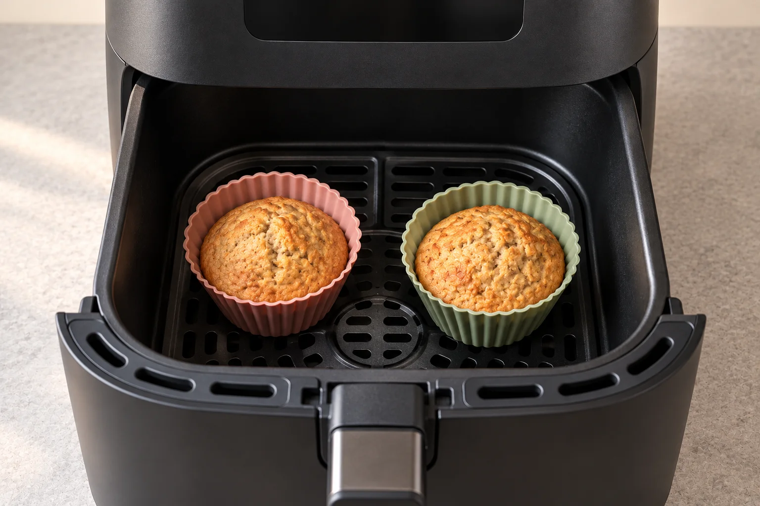 Dos muffins de avena y plátano en airfryer, dorados dentro de sus moldes.