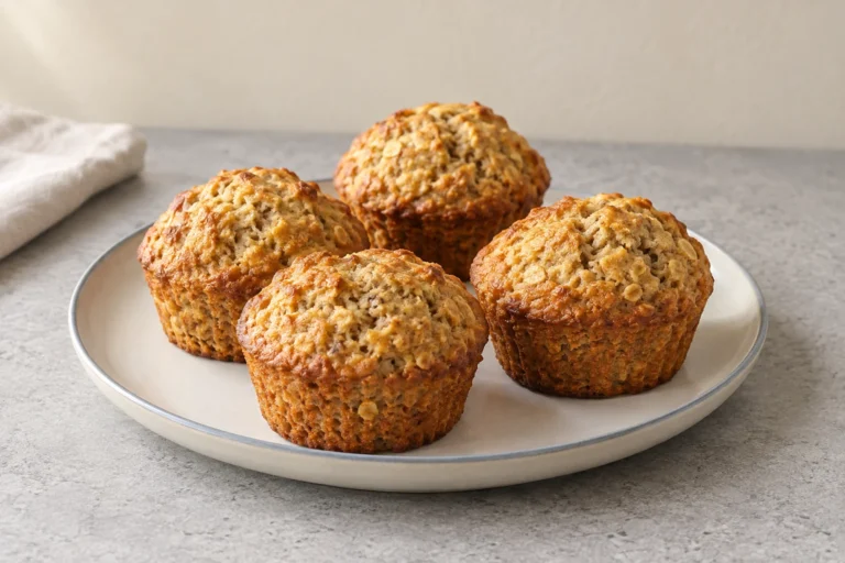 Cuatro muffins dorados sobre un plato de cerámica.