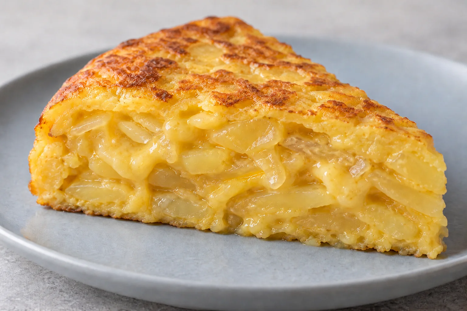 Trozo de tortilla de patatas en primer plano con huevo cremoso deslizándose por el lateral.