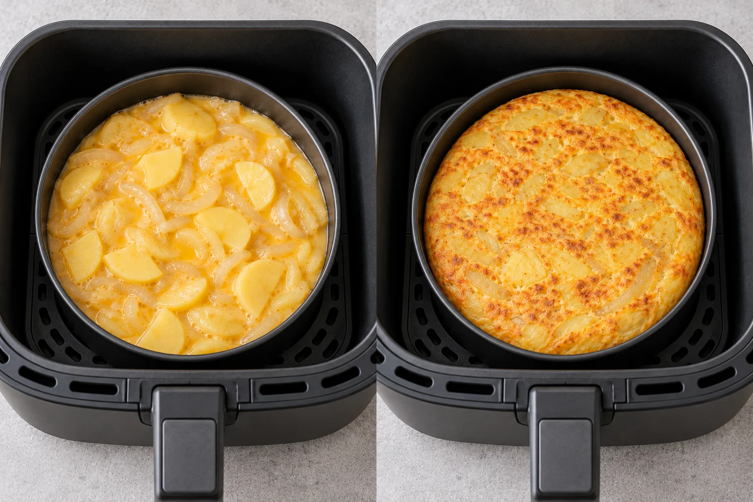 Tortilla de patatas en un molde dentro de la freidora de aire, antes y después del cuajado.