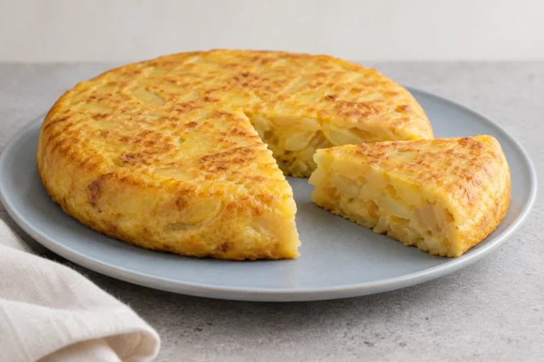 Tortilla de patatas en freidora de aire con una porción cortada y el interior tierno.